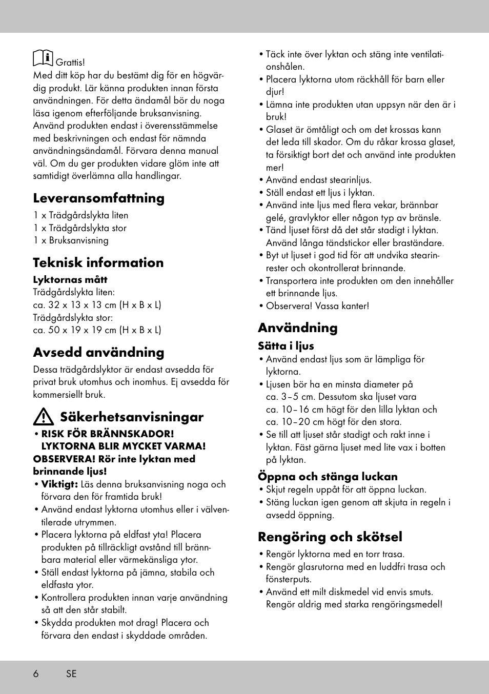 Leveransomfattning, Teknisk information, Avsedd användning | Säkerhetsanvisningar, Användning, Rengöring och skötsel | Melinera LS-1663 User Manual | Page 6 / 16