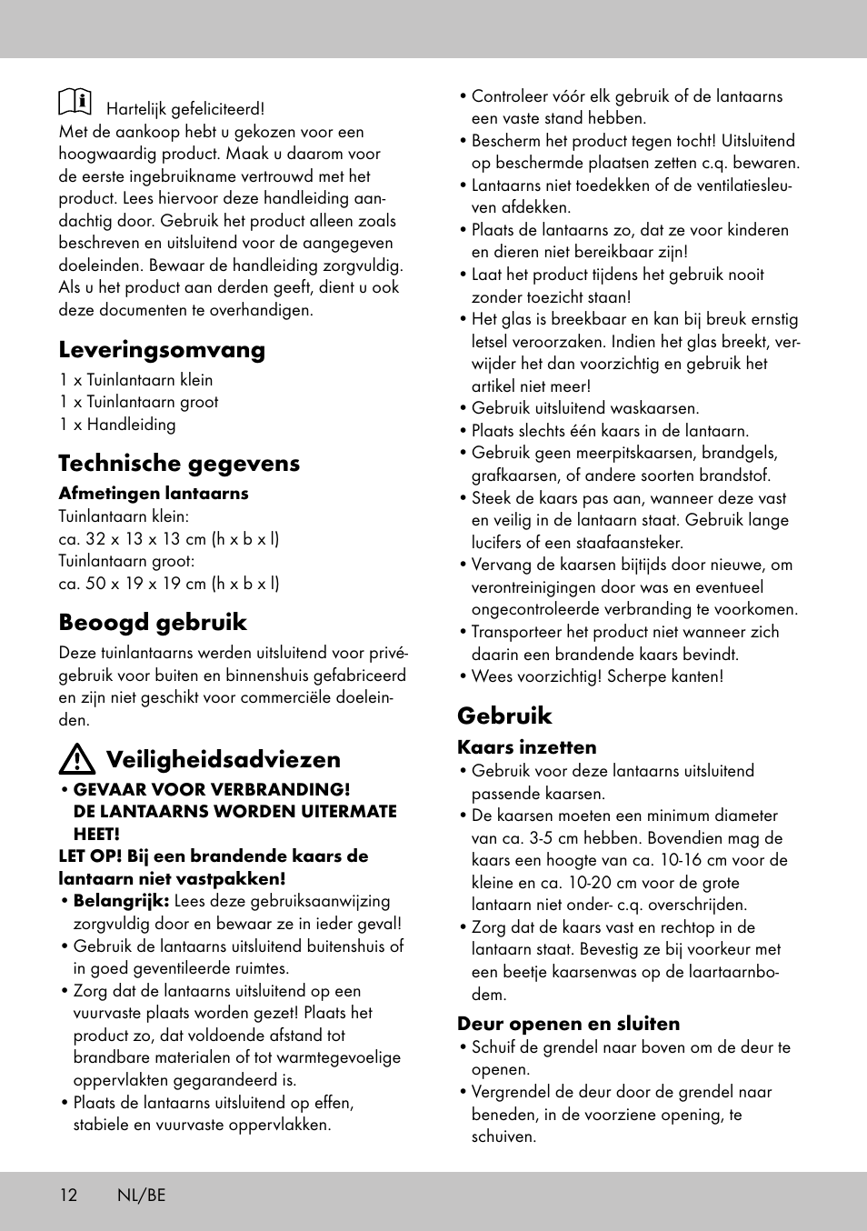 Leveringsomvang, Technische gegevens, Beoogd gebruik | Veiligheidsadviezen, Gebruik | Melinera LS-1664 User Manual | Page 12 / 16
