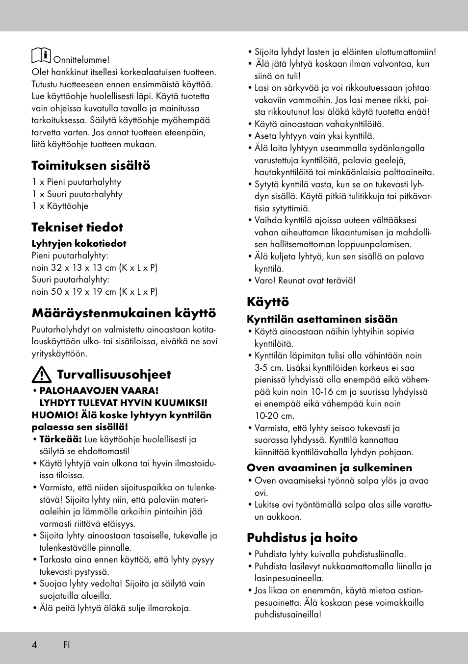 Toimituksen sisältö, Tekniset tiedot, Määräystenmukainen käyttö | Turvallisuusohjeet, Käyttö, Puhdistus ja hoito | Melinera LS-1664 User Manual | Page 4 / 16