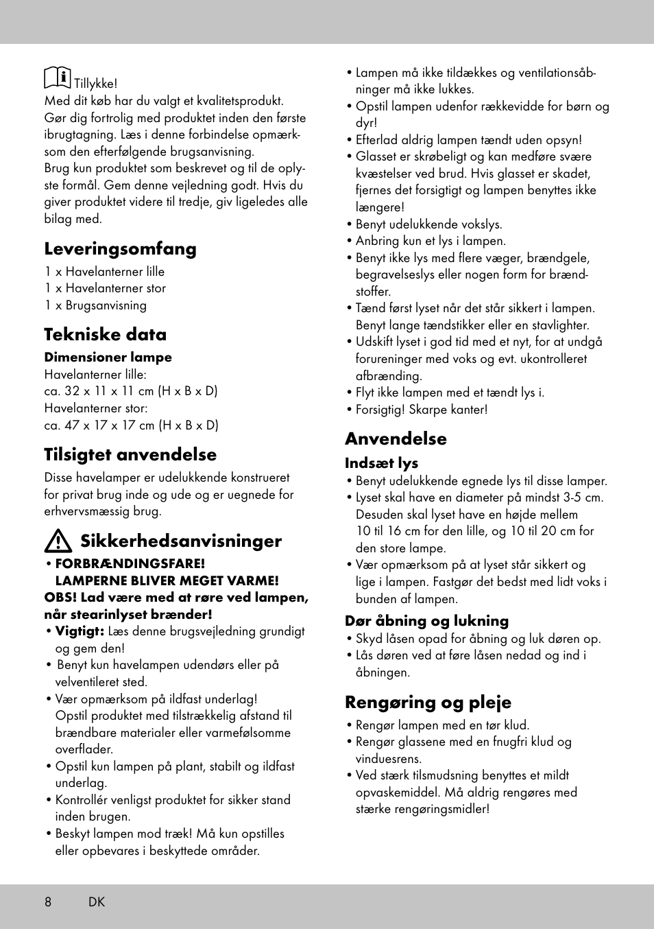 Leveringsomfang, Tekniske data, Tilsigtet anvendelse | Sikkerhedsanvisninger, Anvendelse, Rengøring og pleje | Melinera LS-1963 User Manual | Page 8 / 16