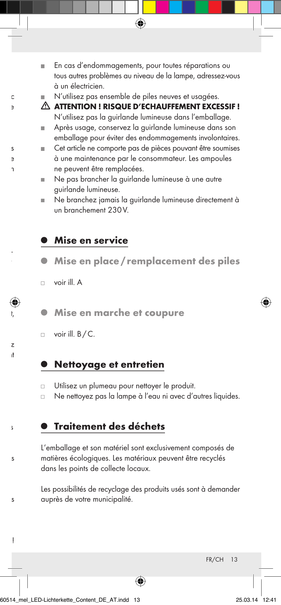 Mise en marche et coupure, Nettoyage et entretien, Traitement des déchets | Melinera Z30893 User Manual | Page 13 / 20