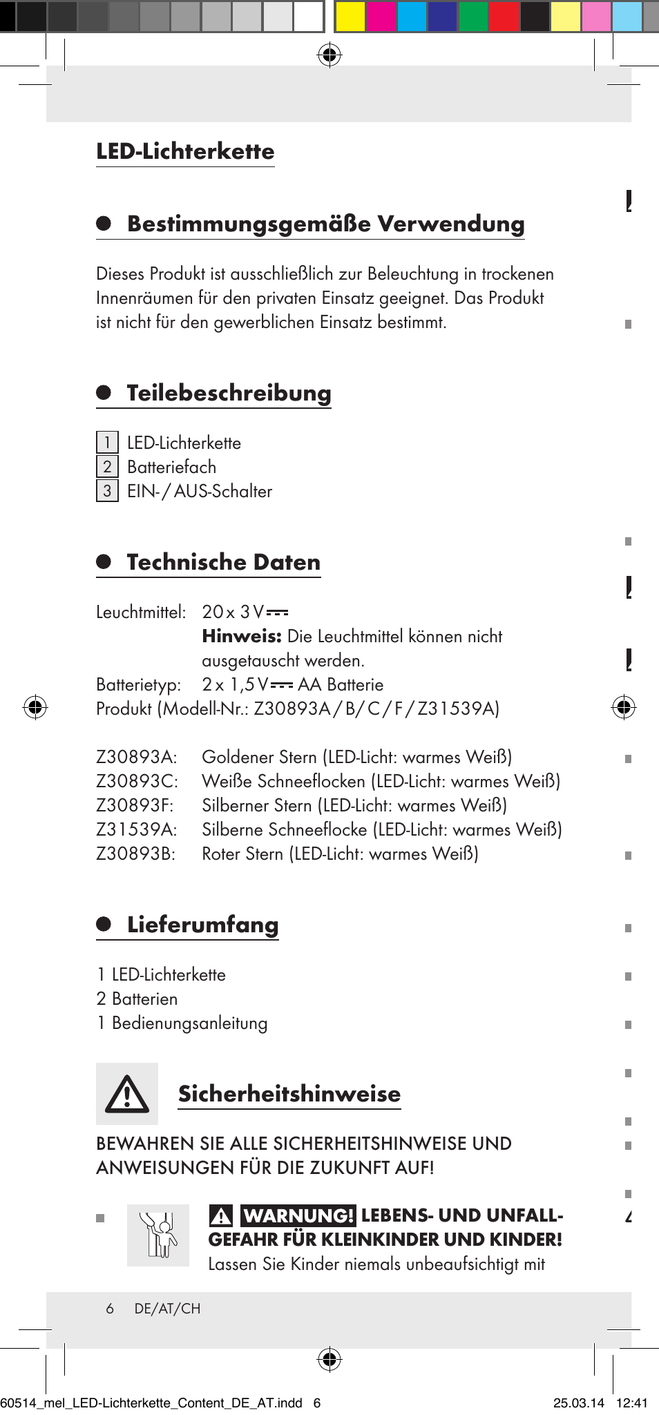 Led-lichterkette bestimmungsgemäße verwendung, Teilebeschreibung, Technische daten | Lieferumfang, Sicherheitshinweise | Melinera Z30893 User Manual | Page 6 / 20