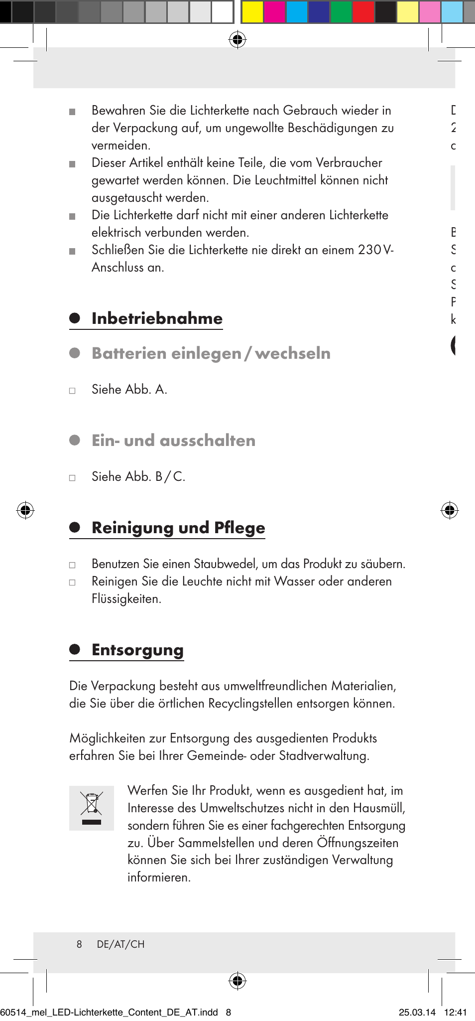 Inbetriebnahme batterien einlegen / wechseln, Ein- und ausschalten, Reinigung und pflege | Entsorgung | Melinera Z30893 User Manual | Page 8 / 20