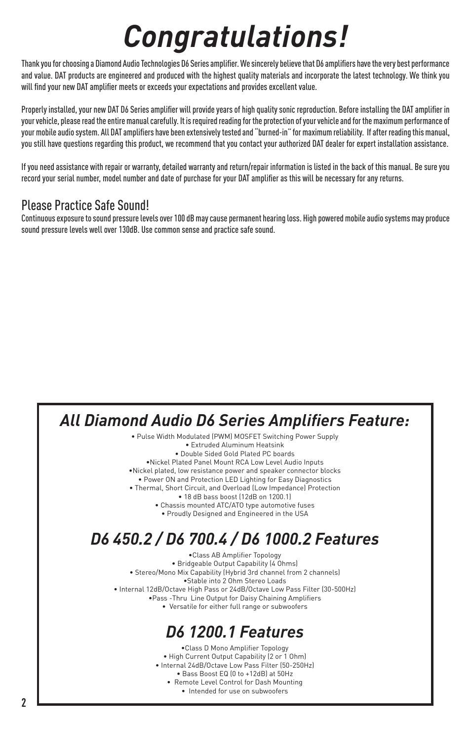 All diamond audio d6 series amplifiers feature, Please practice safe sound | Diamond Audio Technology D6 1200.1 User Manual | Page 2 / 12