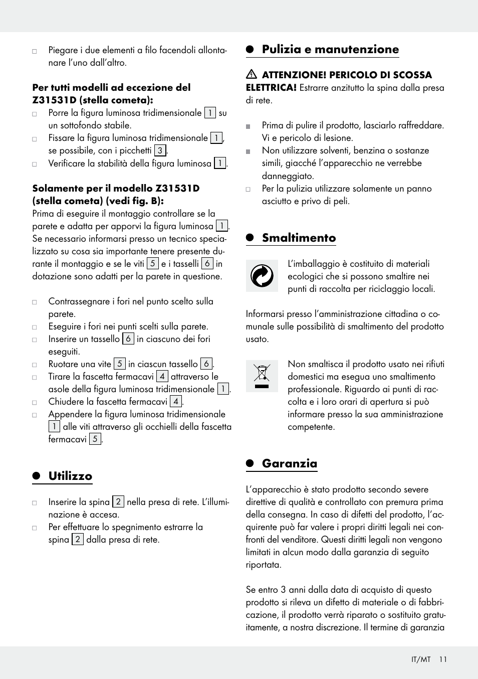 Utilizzo, Pulizia e manutenzione, Smaltimento | Garanzia | Melinera Z31531 User Manual | Page 11 / 24