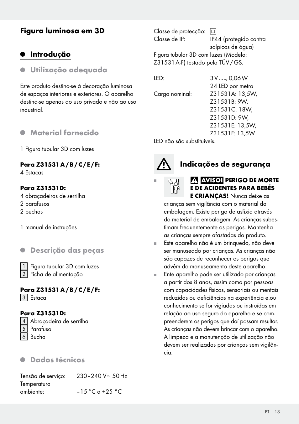 Material fornecido, Descrição das peças, Dados técnicos | Indicações de segurança | Melinera Z31531 User Manual | Page 13 / 24