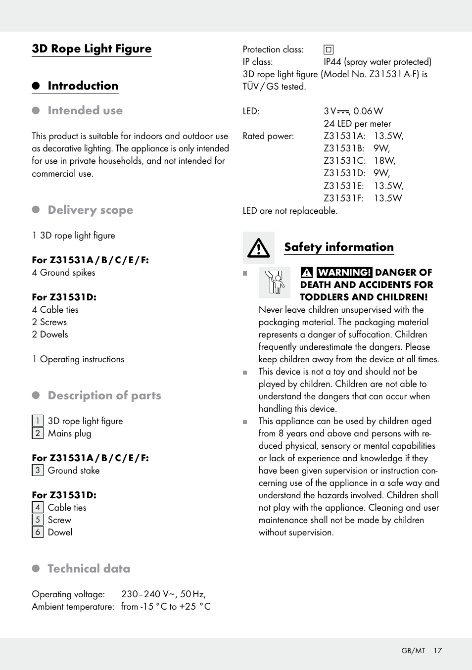 3d rope light figure, Introduction, Intended use | Delivery scope, Description of parts, Technical data, Safety information | Melinera Z31531 User Manual | Page 17 / 24