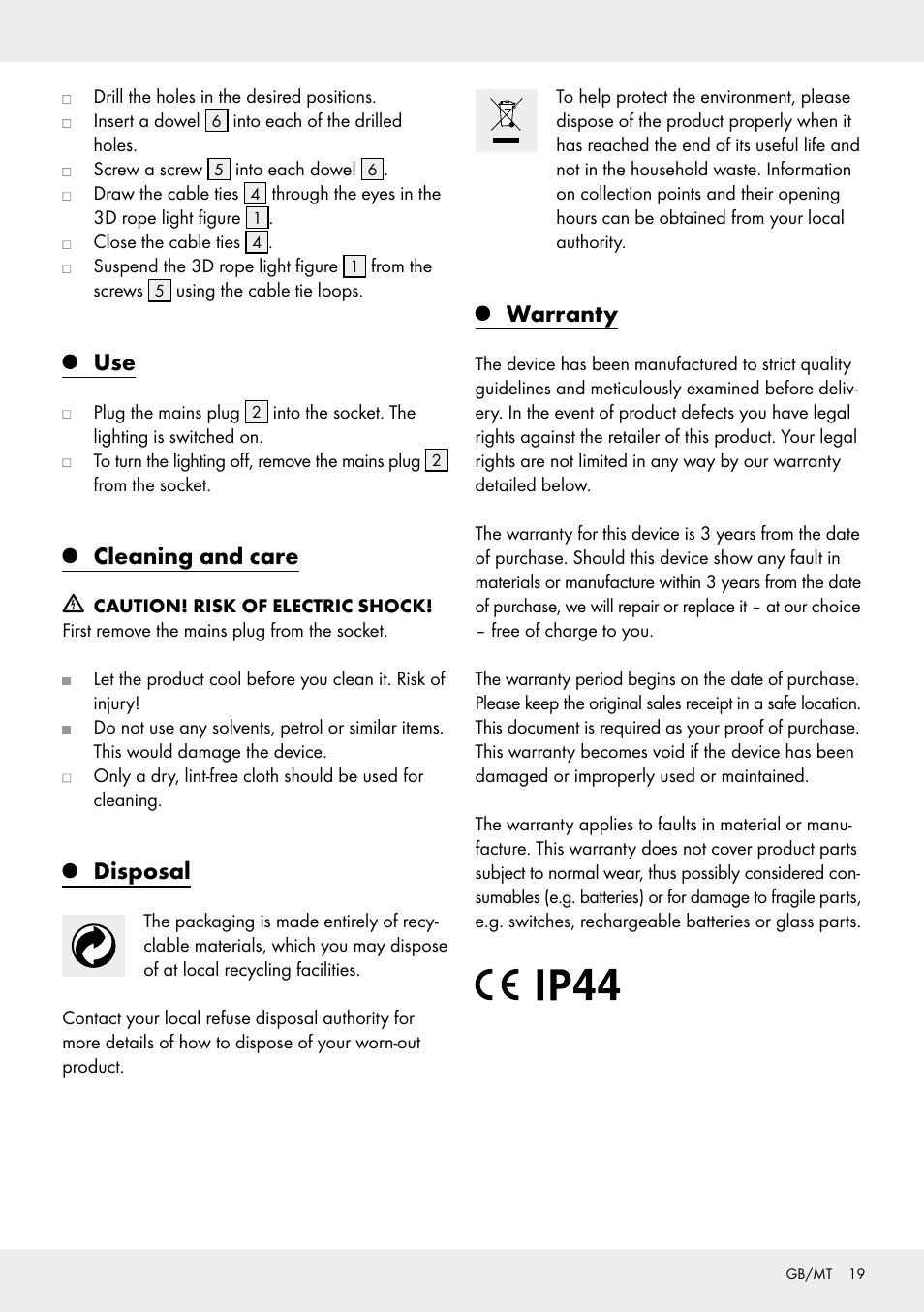 Cleaning and care, Disposal, Warranty | Melinera Z31531 User Manual | Page 19 / 24