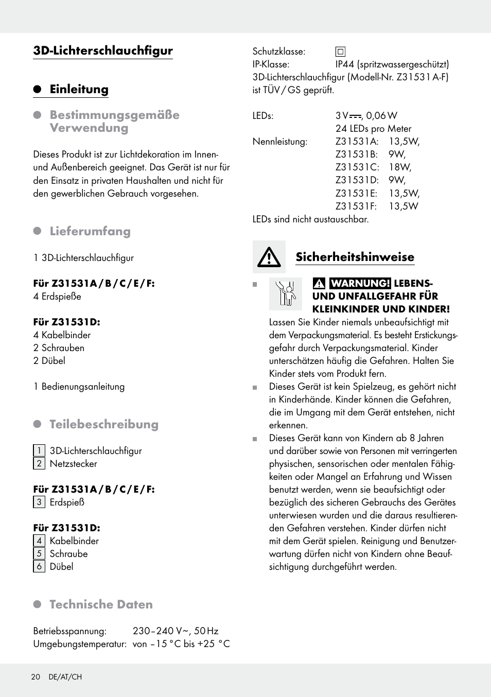 3d-lichterschlauchfigur, Einleitung, Bestimmungsgemäße verwendung | Lieferumfang, Teilebeschreibung, Technische daten, Sicherheitshinweise | Melinera Z31531 User Manual | Page 20 / 24