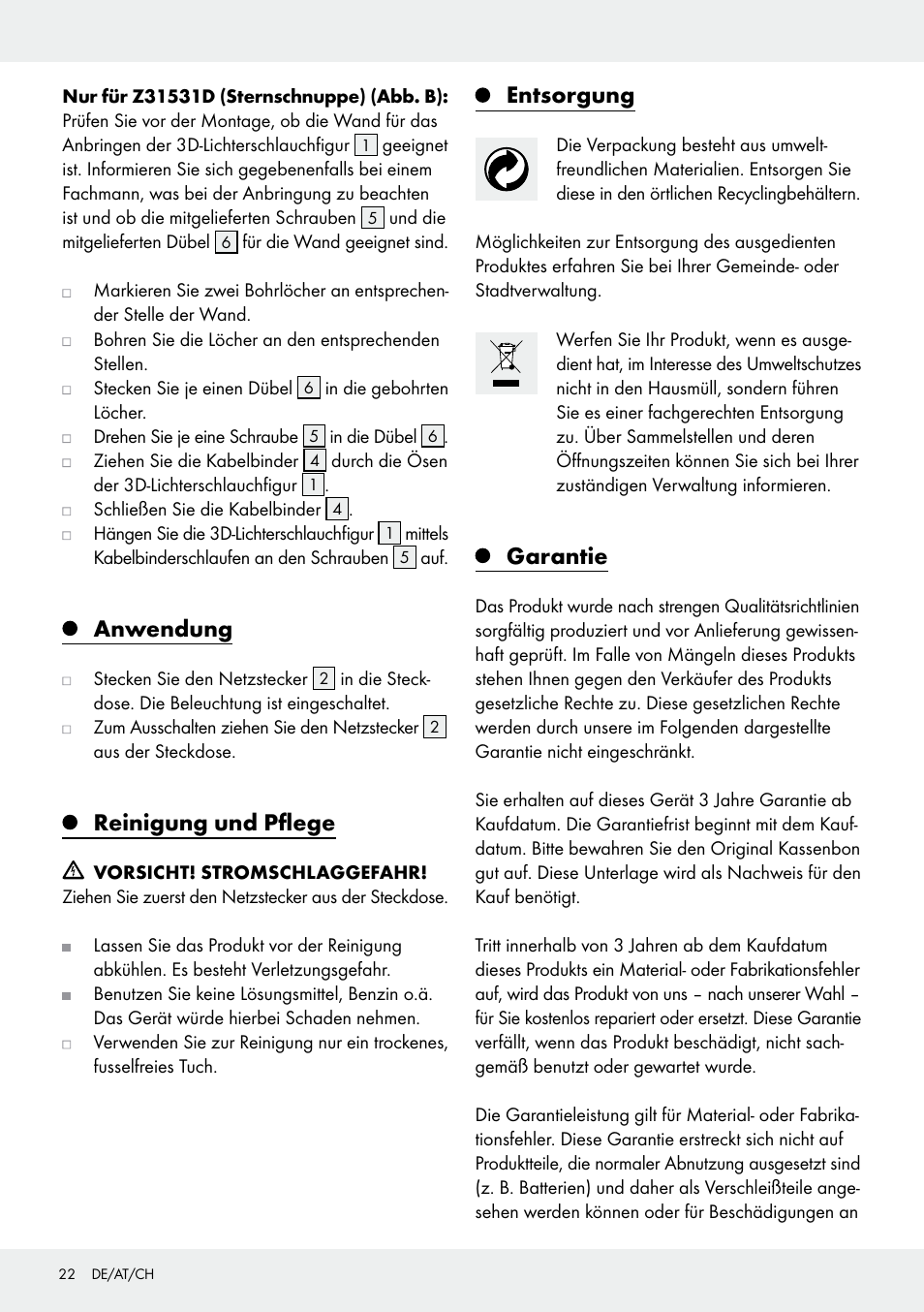 Anwendung, Reinigung und pflege, Entsorgung | Garantie | Melinera Z31531 User Manual | Page 22 / 24