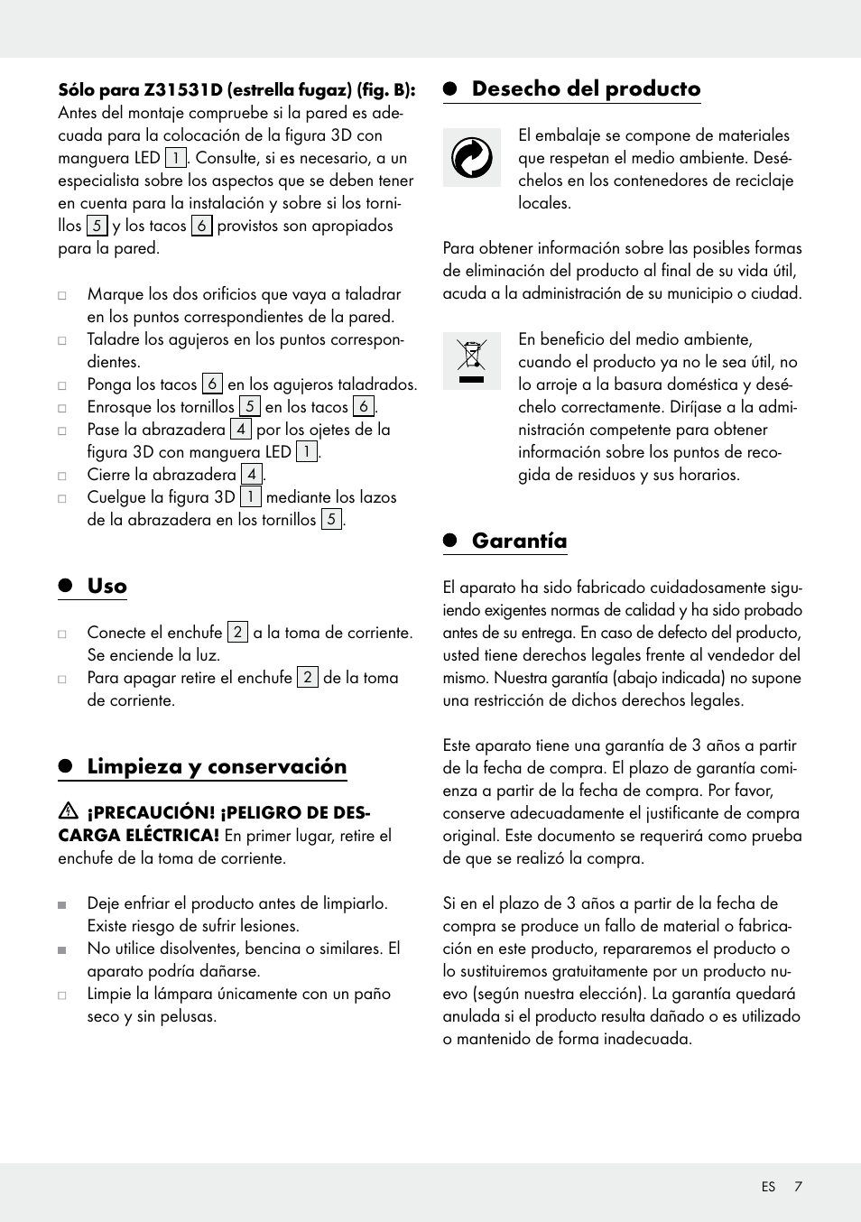 Limpieza y conservación, Desecho del producto, Garantía | Melinera Z31531 User Manual | Page 7 / 24
