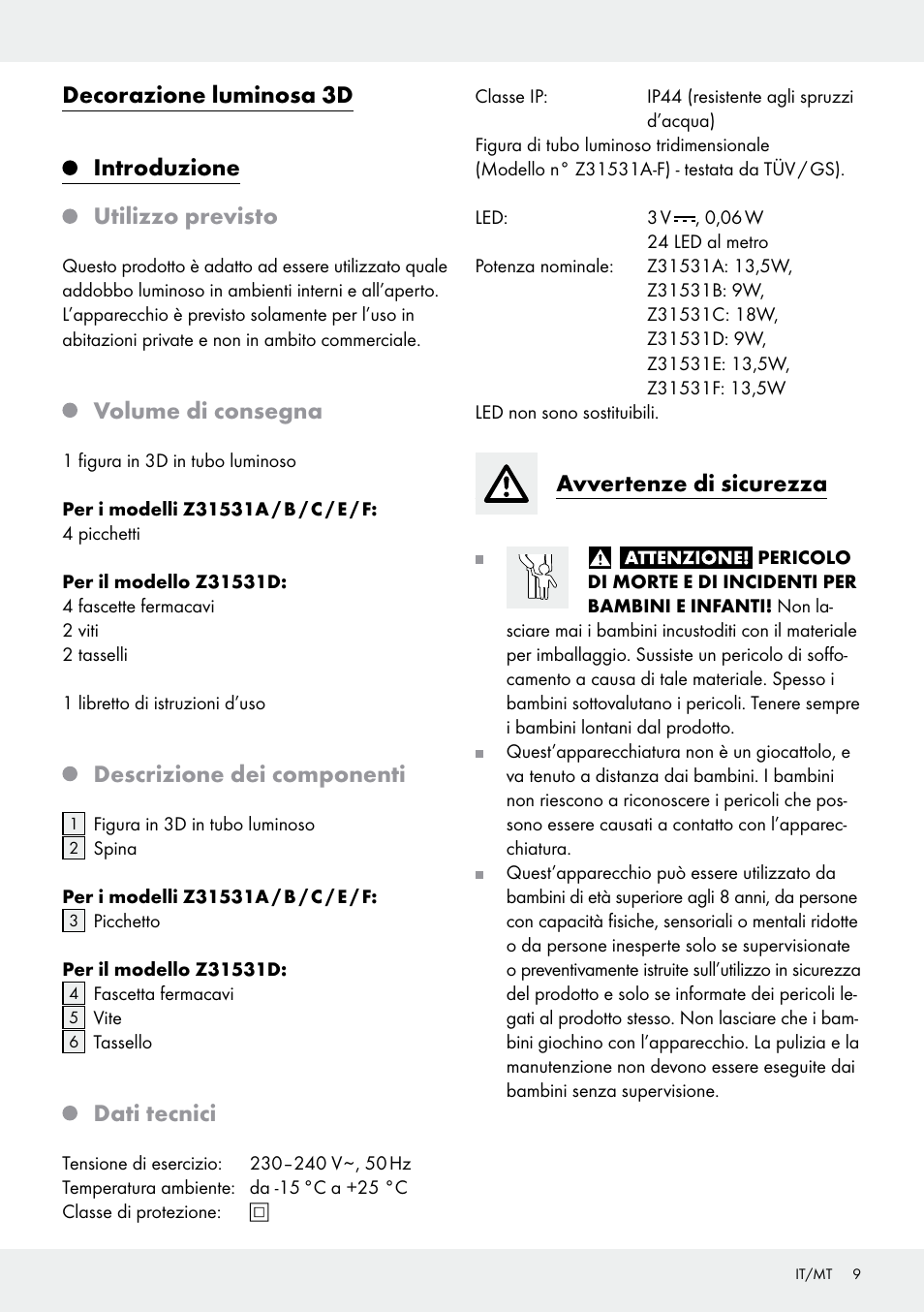 Decorazione luminosa 3d, Introduzione, Utilizzo previsto | Volume di consegna, Descrizione dei componenti, Dati tecnici, Avvertenze di sicurezza | Melinera Z31531 User Manual | Page 9 / 24