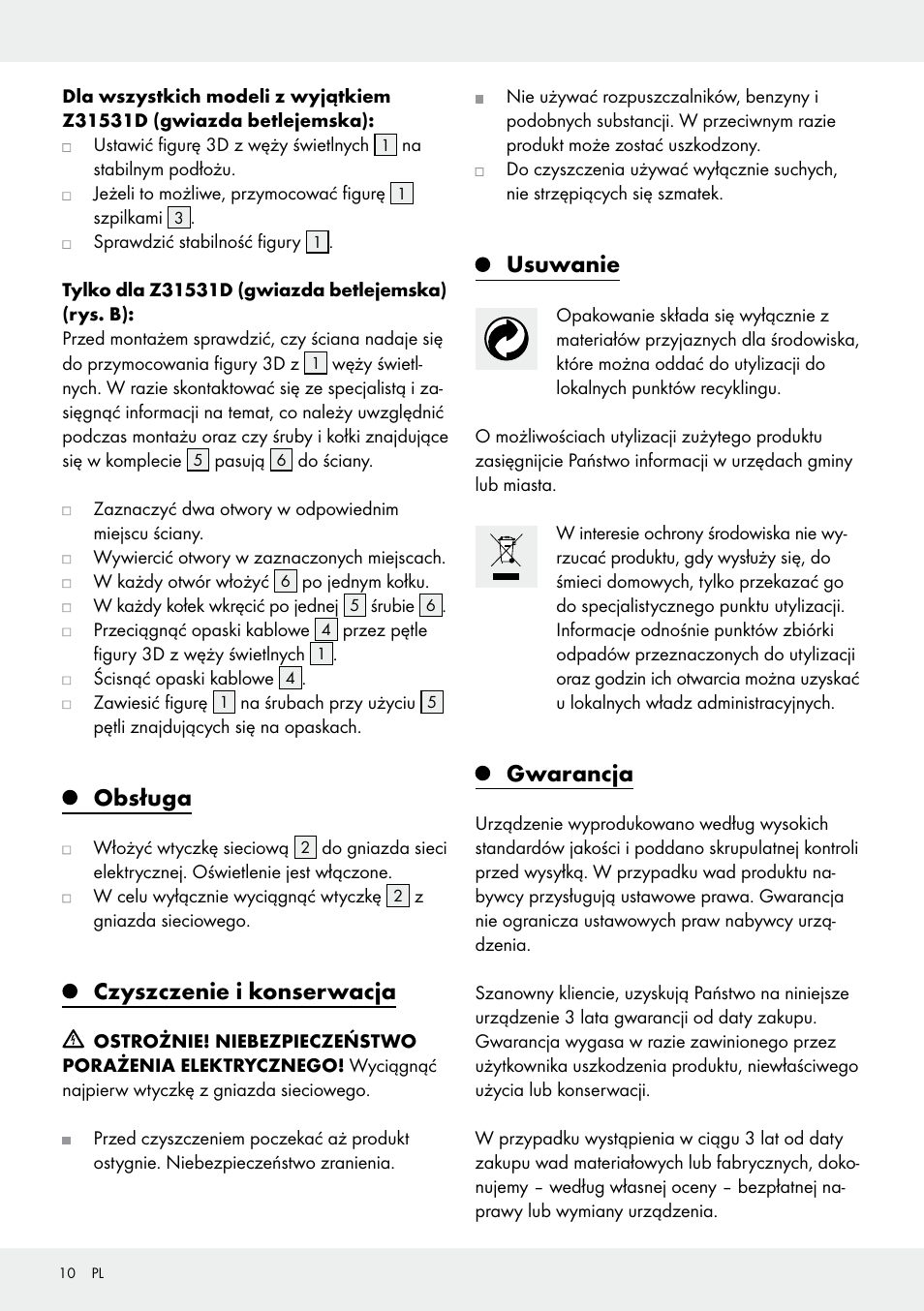 Obsługa, Czyszczenie i konserwacja, Usuwanie | Gwarancja | Melinera Z31531 User Manual | Page 10 / 31