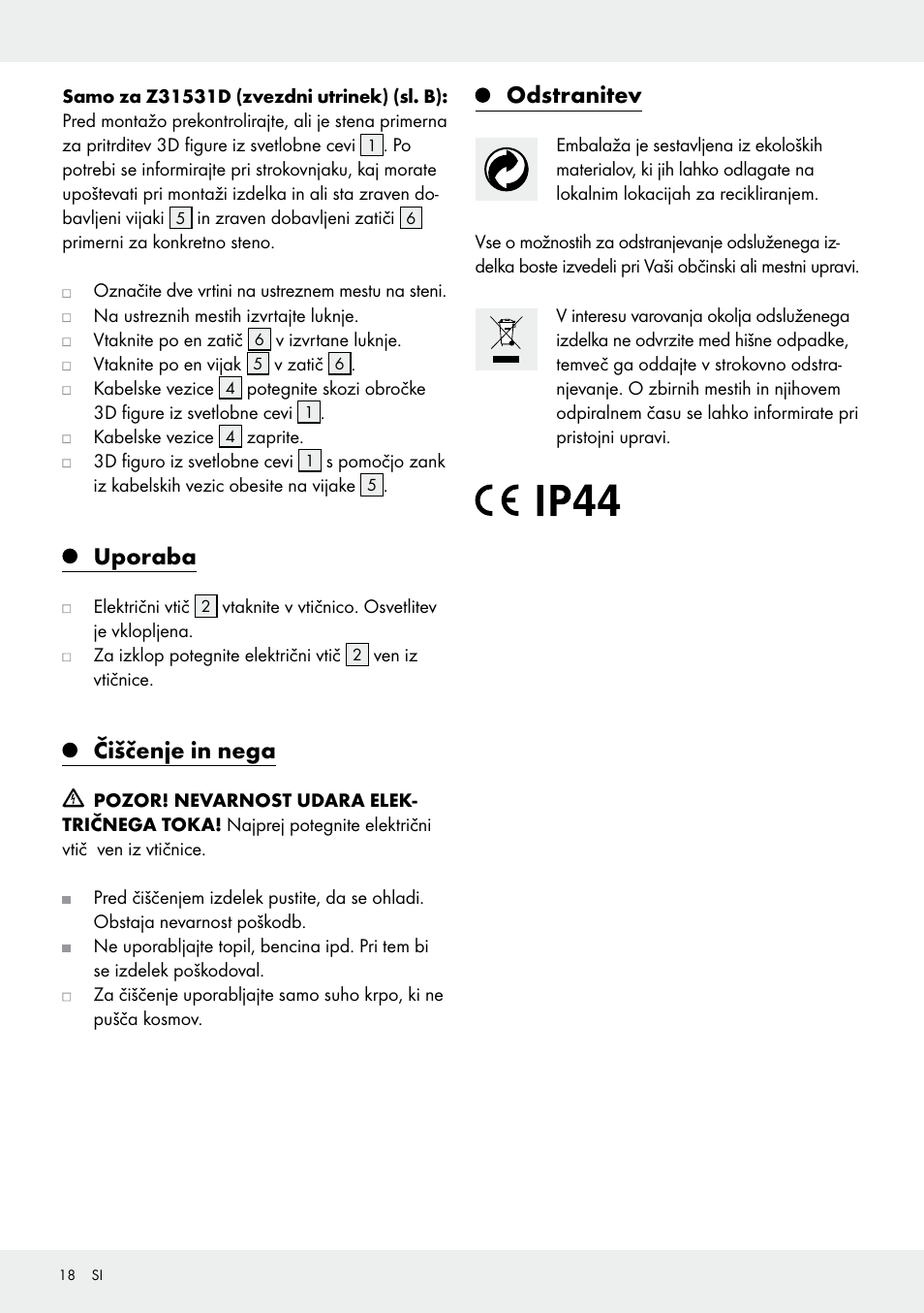 Uporaba, Čiščenje in nega, Odstranitev | Melinera Z31531 User Manual | Page 18 / 31