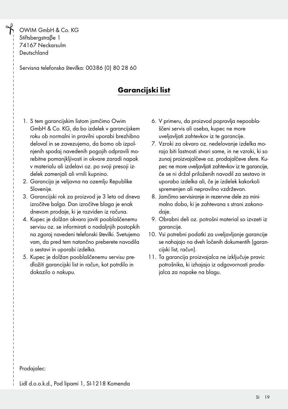 Garancijski list | Melinera Z31531 User Manual | Page 19 / 31