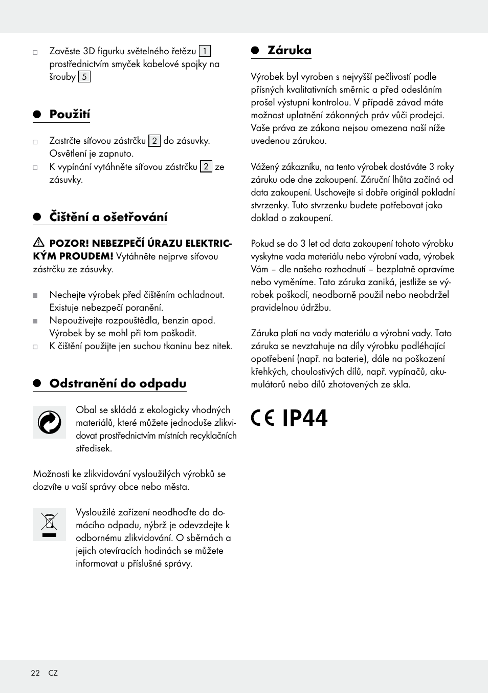 Použití, Čištění a ošetřování, Odstranění do odpadu | Záruka | Melinera Z31531 User Manual | Page 22 / 31