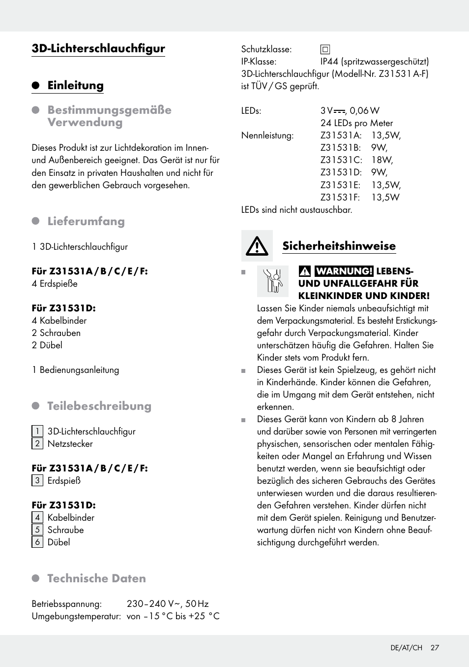 3d-lichterschlauchfigur, Einleitung, Bestimmungsgemäße verwendung | Lieferumfang, Teilebeschreibung, Technische daten, Sicherheitshinweise | Melinera Z31531 User Manual | Page 27 / 31