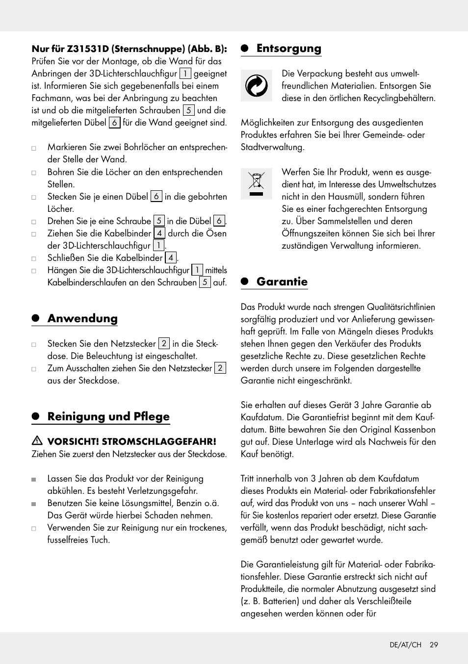 Anwendung, Reinigung und pflege, Entsorgung | Garantie | Melinera Z31531 User Manual | Page 29 / 31