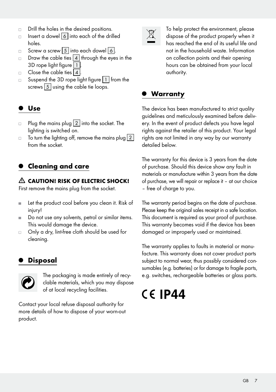 Cleaning and care, Disposal, Warranty | Melinera Z31531 User Manual | Page 7 / 31