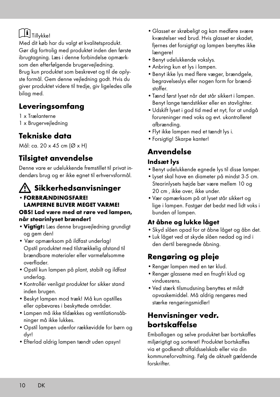 Leveringsomfang, Tekniske data, Tilsigtet anvendelse | Sikkerhedsanvisninger, Anvendelse, Rengøring og pleje, Henvisninger vedr. bortskaffelse | Melinera HL-1858 User Manual | Page 10 / 20