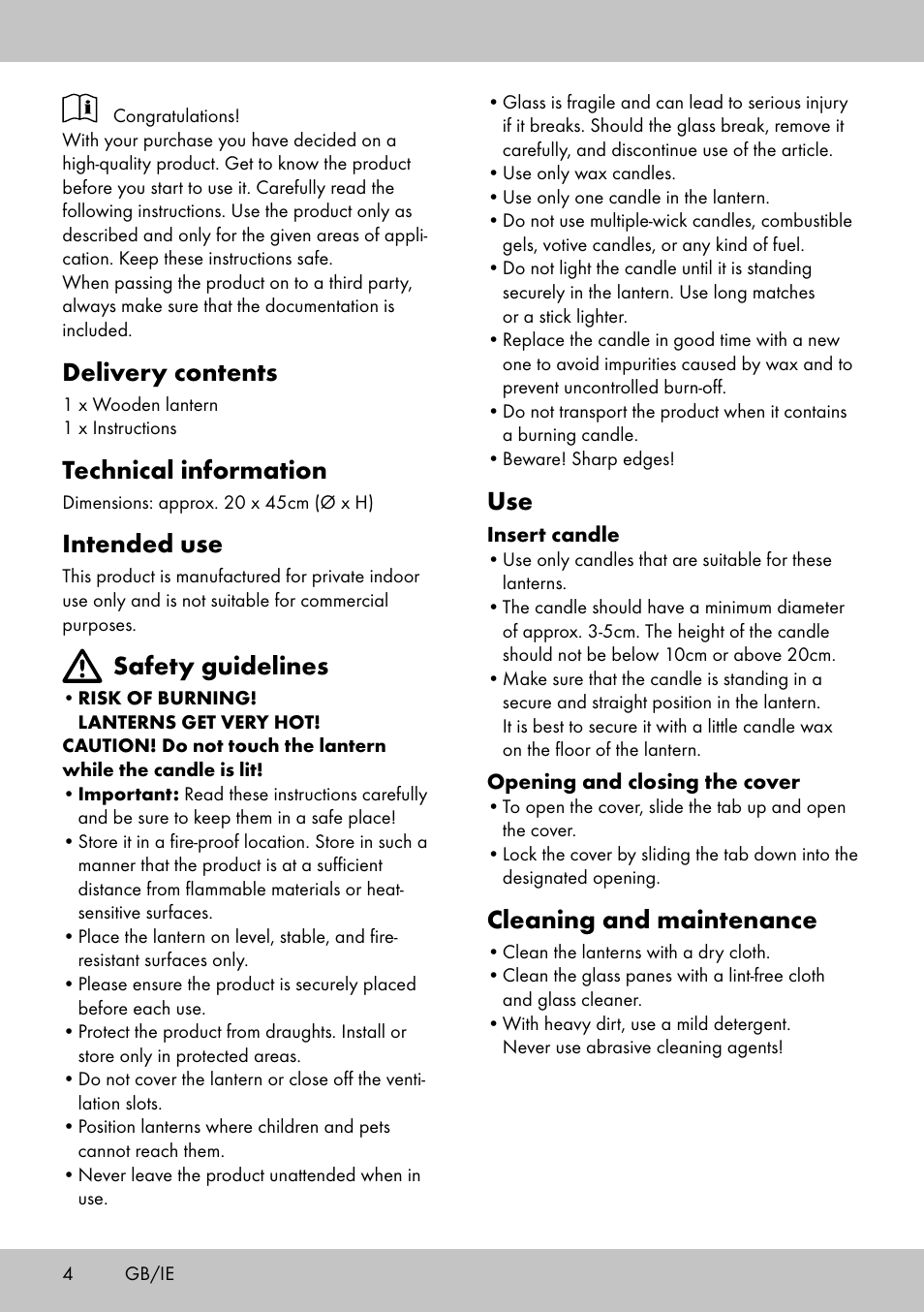Cleaning and maintenance, Delivery contents, Technical information | Intended use, Safety guidelines | Melinera HL-1858 User Manual | Page 4 / 20