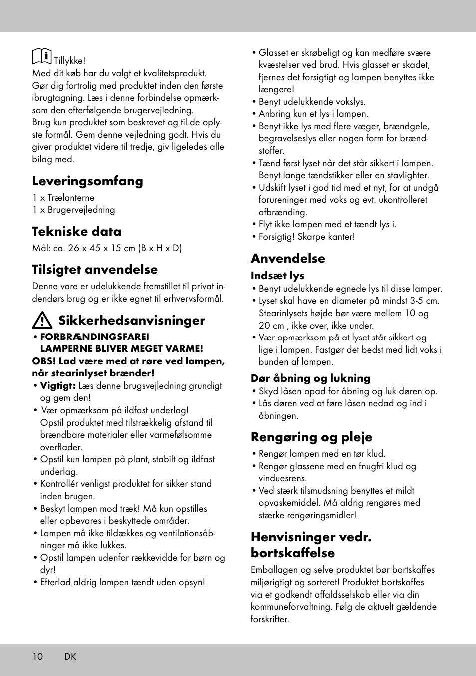 Leveringsomfang, Tekniske data, Tilsigtet anvendelse | Sikkerhedsanvisninger, Anvendelse, Rengøring og pleje, Henvisninger vedr. bortskaffelse | Melinera HL-1859 User Manual | Page 10 / 20