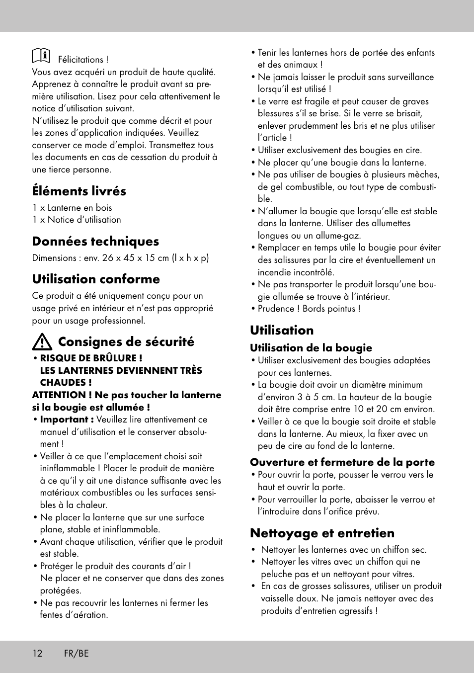 Utilisation, Nettoyage et entretien, Éléments livrés | Données techniques, Utilisation conforme, Consignes de sécurité | Melinera HL-1859 User Manual | Page 12 / 20