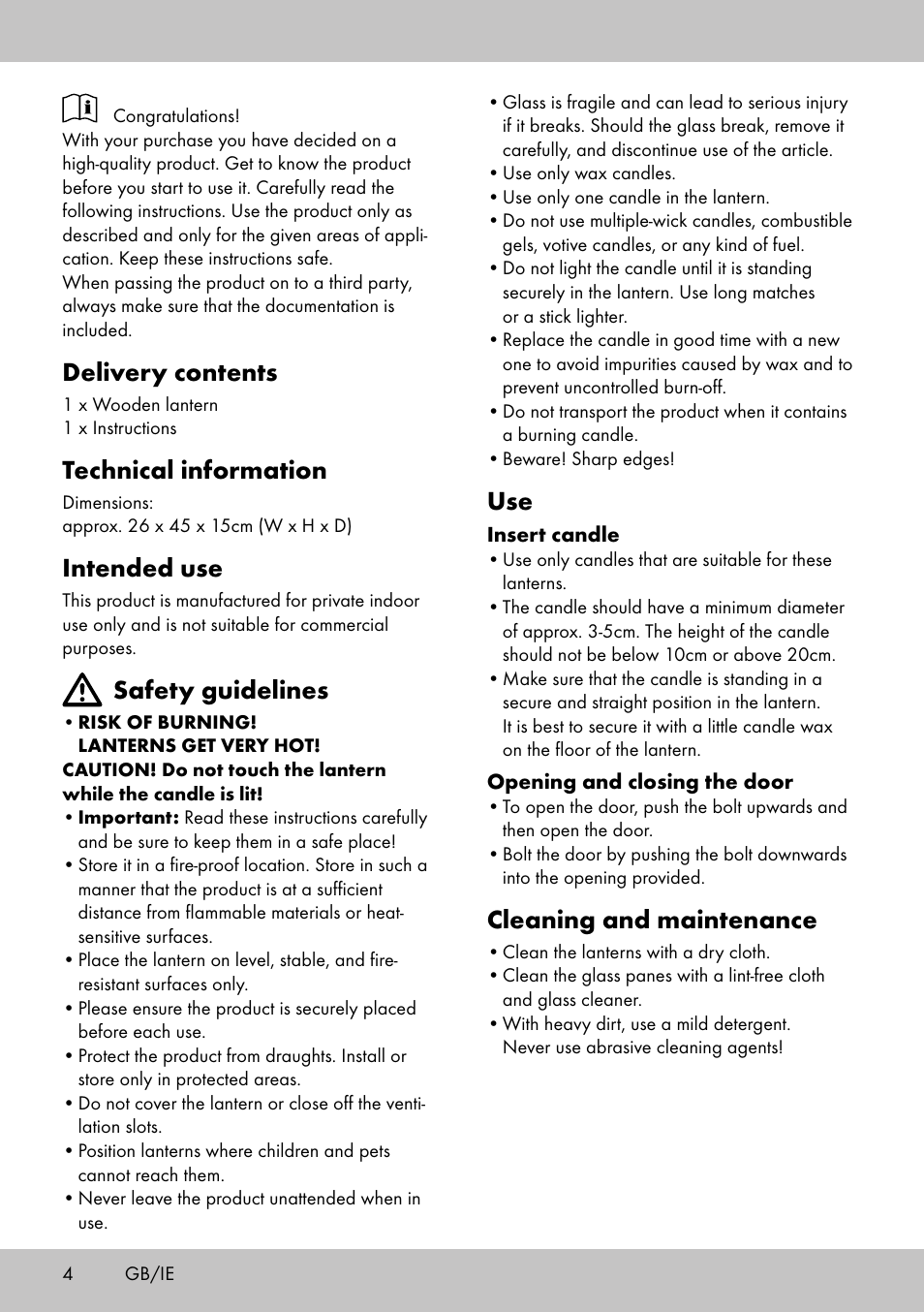 Cleaning and maintenance, Delivery contents, Technical information | Intended use, Safety guidelines | Melinera HL-1859 User Manual | Page 4 / 20