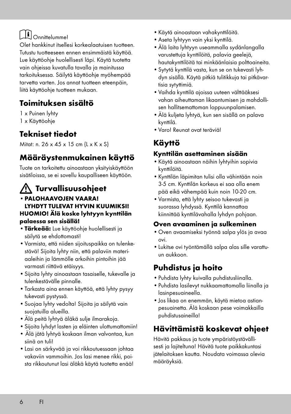 Toimituksen sisältö, Tekniset tiedot, Määräystenmukainen käyttö | Turvallisuusohjeet, Käyttö, Puhdistus ja hoito, Hävittämistä koskevat ohjeet | Melinera HL-1859 User Manual | Page 6 / 20