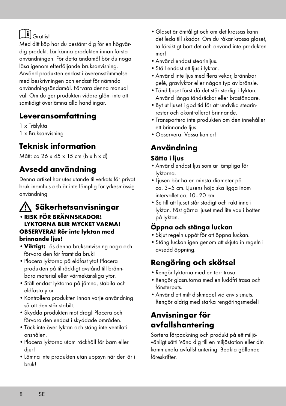 Leveransomfattning, Teknisk information, Avsedd användning | Säkerhetsanvisningar, Användning, Rengöring och skötsel, Anvisningar för avfallshantering | Melinera HL-1859 User Manual | Page 8 / 20