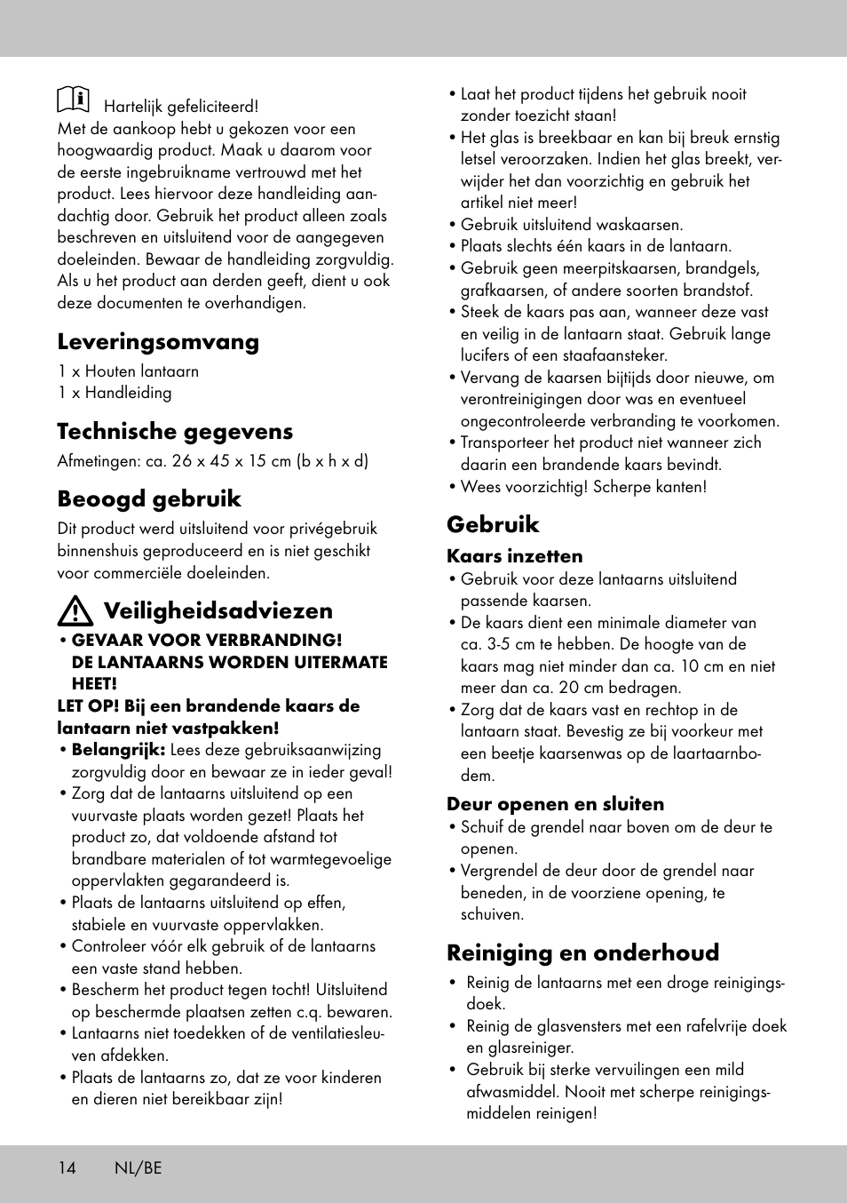 Gebruik, Reiniging en onderhoud, Leveringsomvang | Technische gegevens, Beoogd gebruik, Veiligheidsadviezen | Melinera HL-1861 User Manual | Page 14 / 20