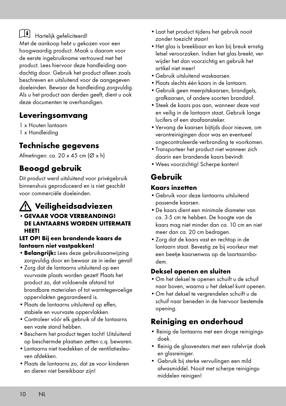 Leveringsomvang, Technische gegevens, Beoogd gebruik | Veiligheidsadviezen, Gebruik, Reiniging en onderhoud | Melinera HL-1858 User Manual | Page 10 / 16