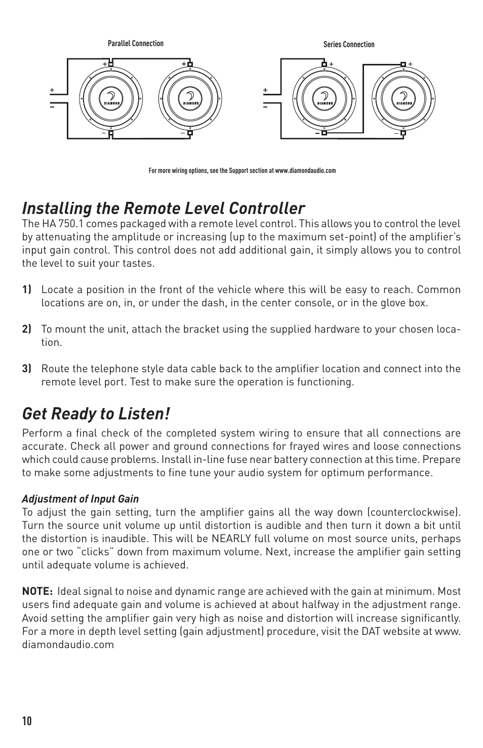 Installing the remote level controller, Get ready to listen | Diamond Audio Technology HA 700.2 User Manual | Page 10 / 12