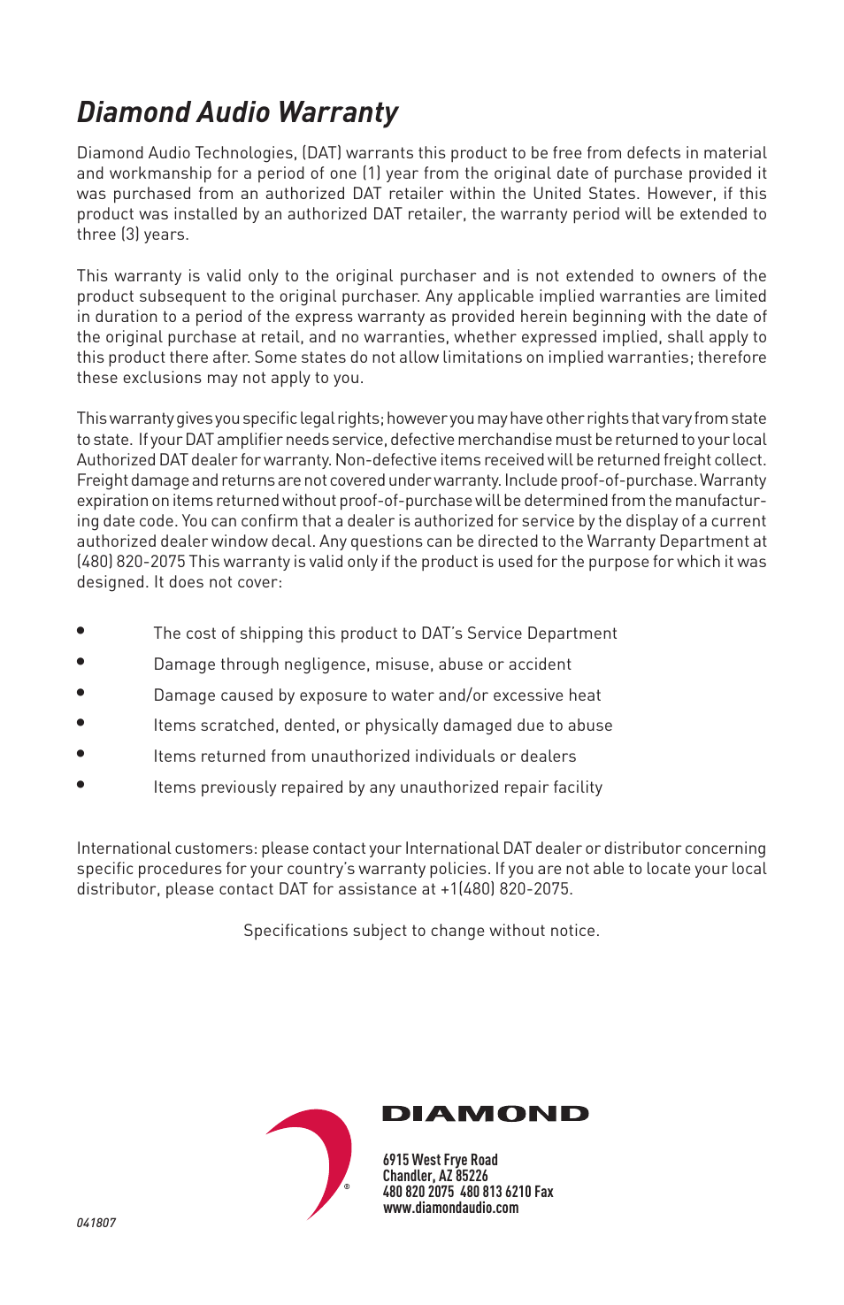 Diamond audio warranty | Diamond Audio Technology HA 700.2 User Manual | Page 12 / 12