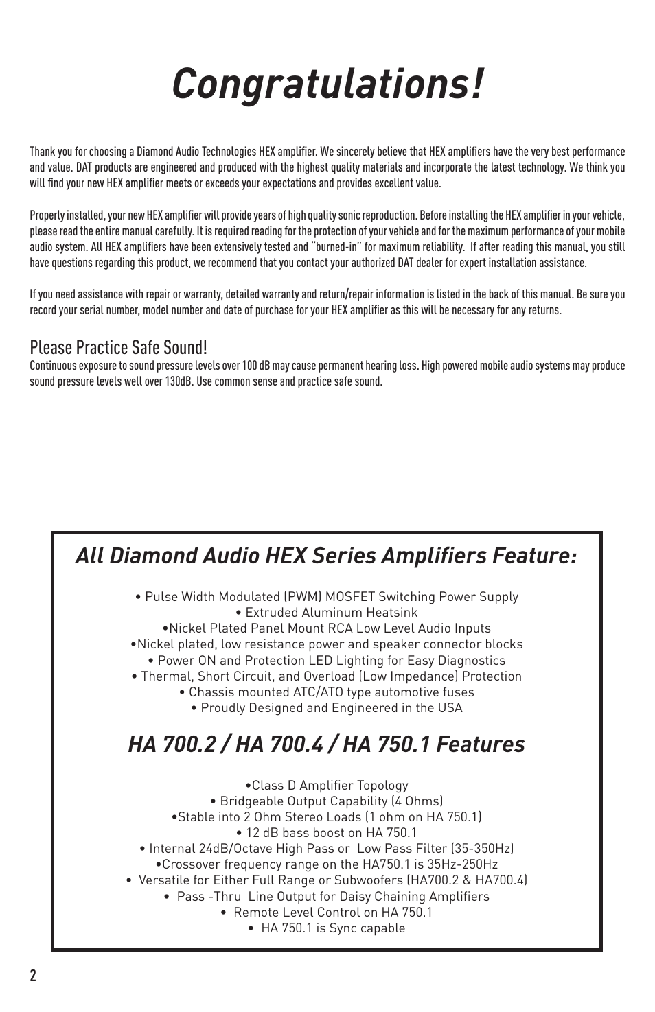 All diamond audio hex series amplifiers feature, Please practice safe sound | Diamond Audio Technology HA 700.2 User Manual | Page 2 / 12