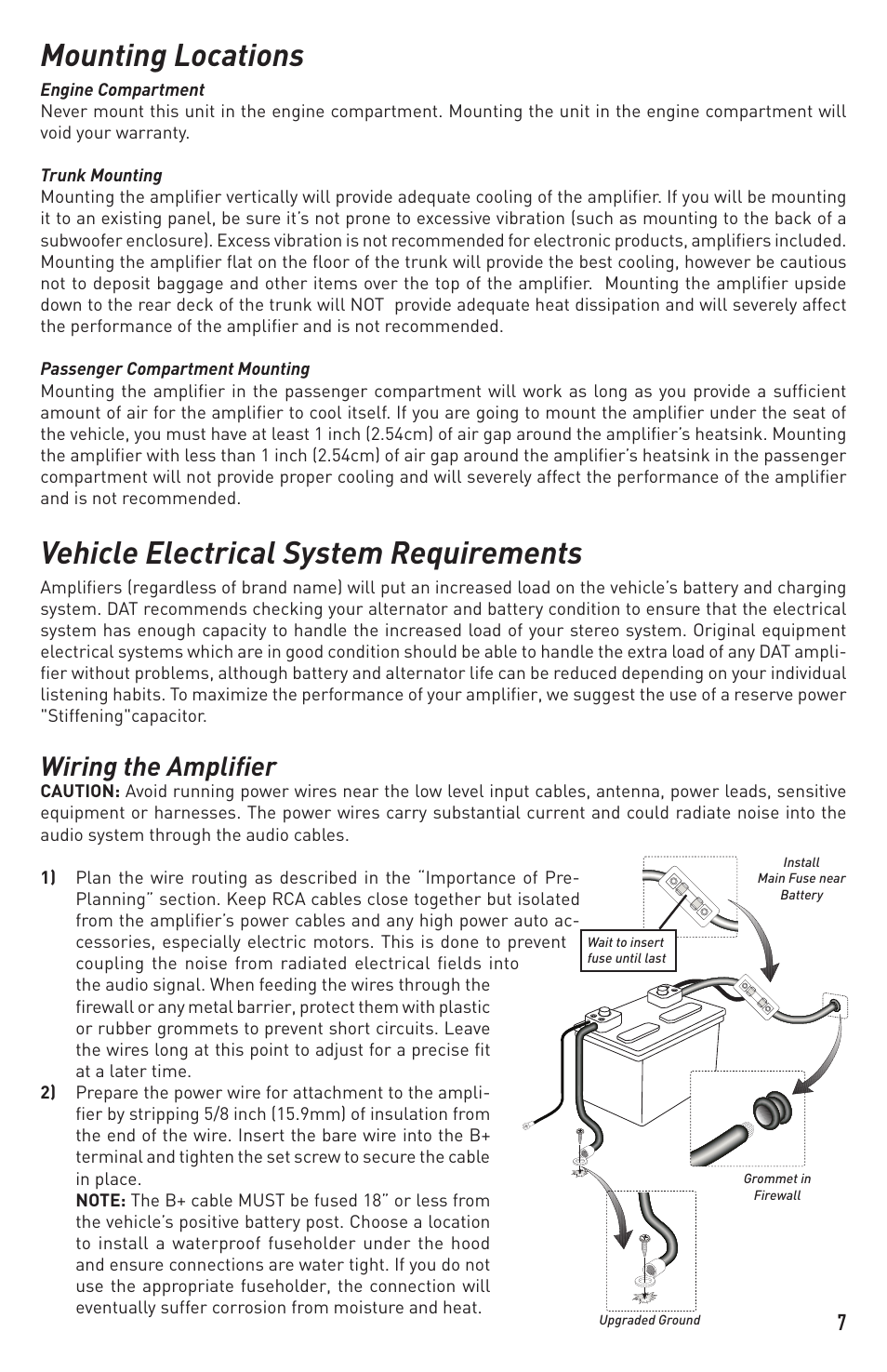 Mounting locations, Vehicle electrical system requirements, Wiring the amplifier | Diamond Audio Technology HA 700.2 User Manual | Page 7 / 12
