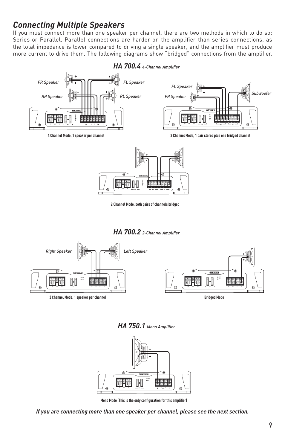 Connecting multiple speakers, Ha 700.4, Ha 700.2 | Ha 750.1, Channel amplifier, 2 channel mode, 1 speaker per channel bridged mode, Mono amplifier | Diamond Audio Technology HA 700.2 User Manual | Page 9 / 12