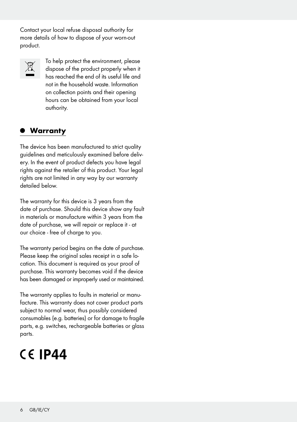 Warranty | Melinera Z31413 User Manual | Page 6 / 10