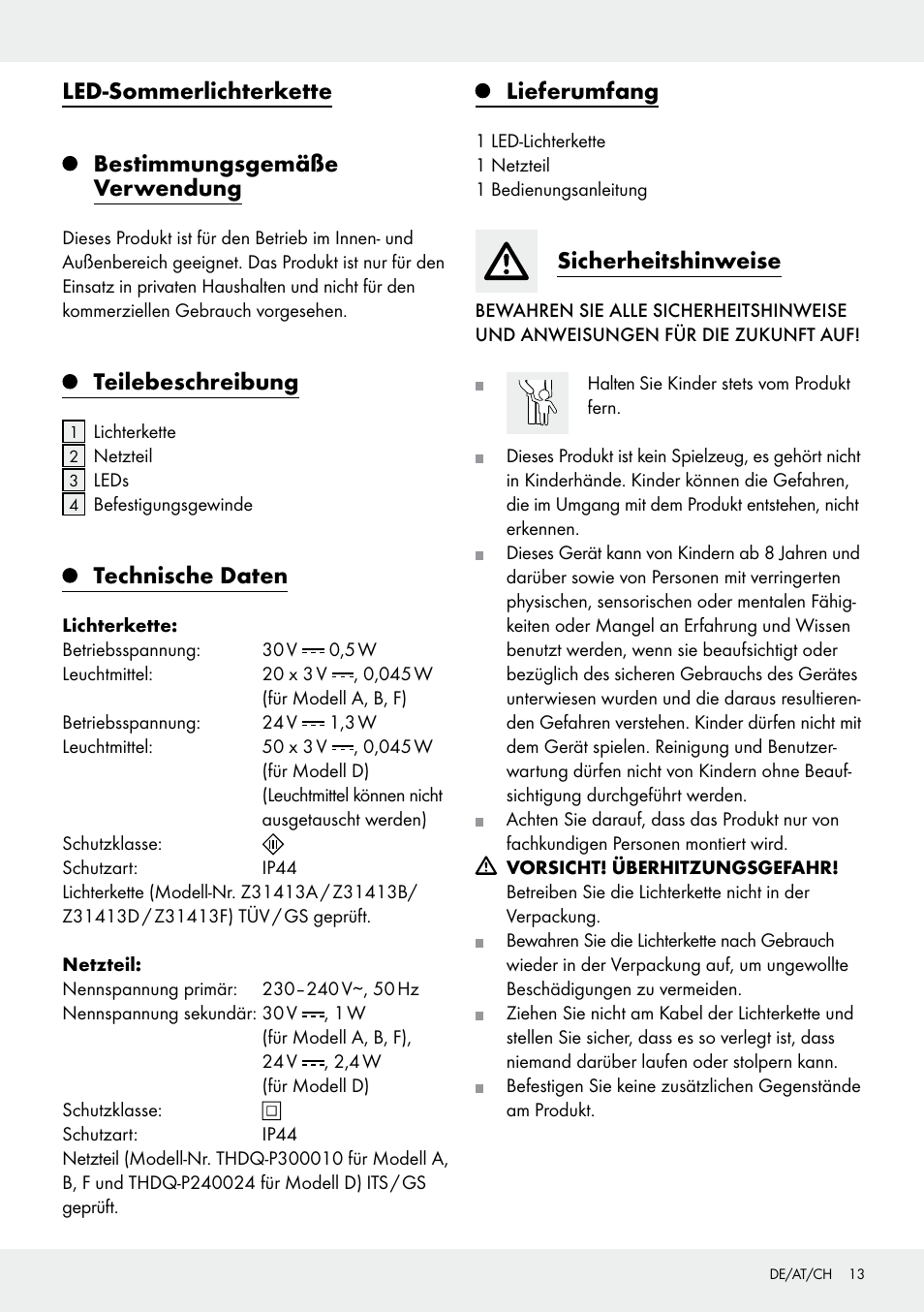 Teilebeschreibung, Technische daten, Lieferumfang | Sicherheitshinweise | Melinera Z31413 User Manual | Page 13 / 16