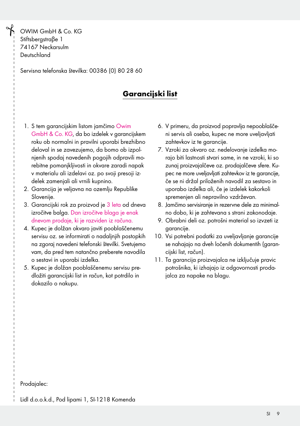 Garancijski list | Melinera Z31413 User Manual | Page 9 / 16