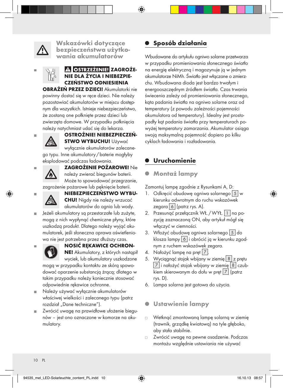 Sposób działania, Uruchomienie, Montaż lampy | Ustawienie lampy | Melinera Z31826A/Z31826B/Z31826C/Z31826D User Manual | Page 10 / 17