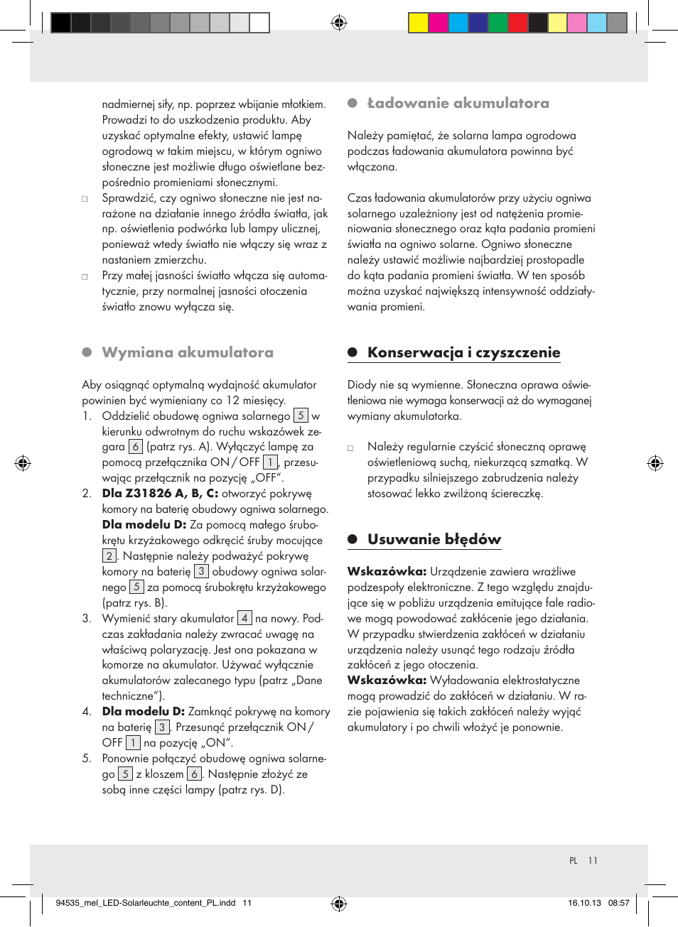 Wymiana akumulatora, Ładowanie akumulatora, Konserwacja i czyszczenie | Usuwanie błędów | Melinera Z31826A/Z31826B/Z31826C/Z31826D User Manual | Page 11 / 17