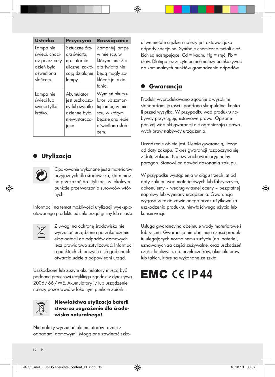Utylizacja, Gwarancja | Melinera Z31826A/Z31826B/Z31826C/Z31826D User Manual | Page 12 / 17