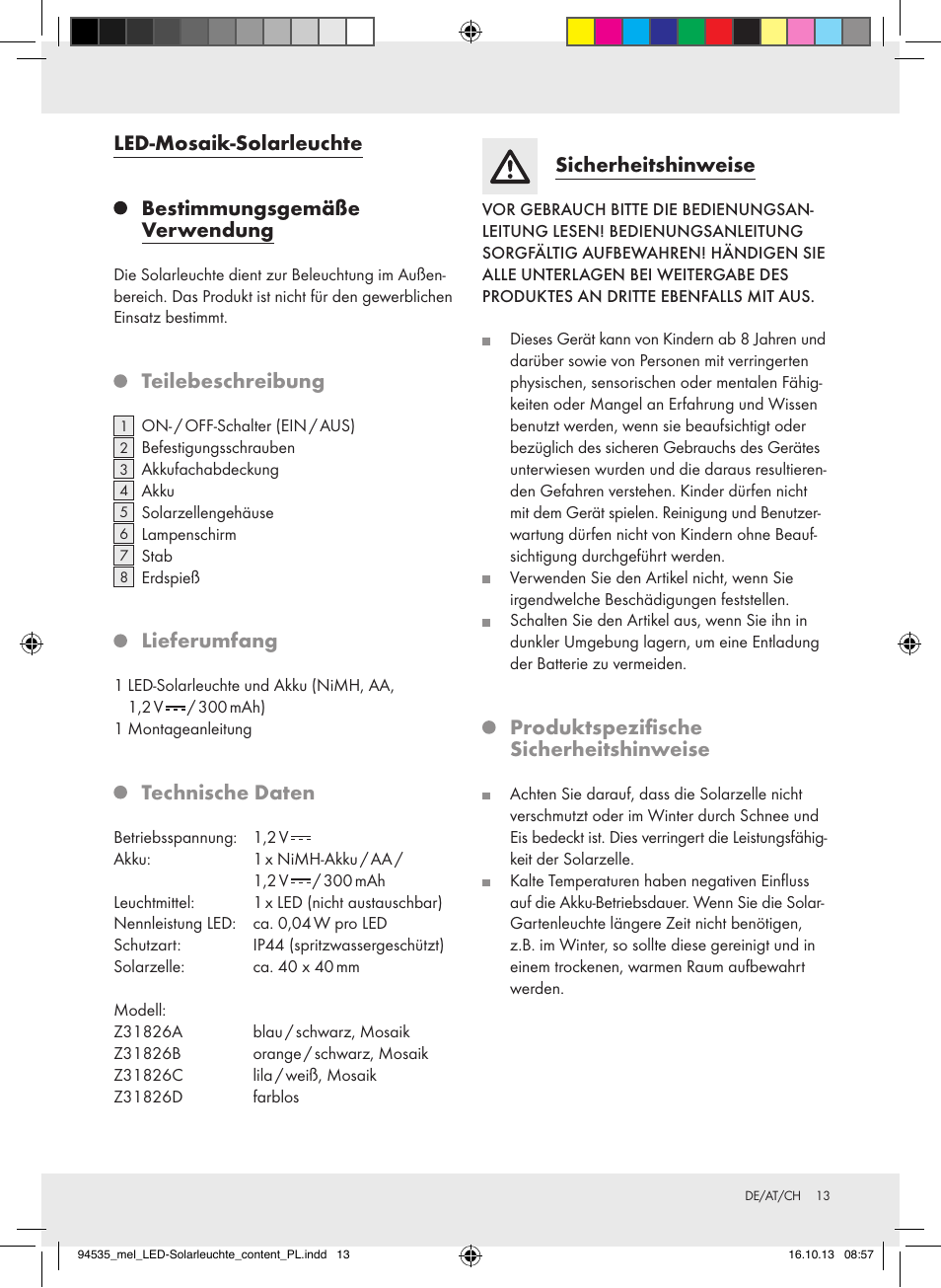 Led-mosaik-solarleuchte, Bestimmungsgemäße verwendung, Teilebeschreibung | Lieferumfang, Technische daten, Sicherheitshinweise, Produktspezifische sicherheitshinweise | Melinera Z31826A/Z31826B/Z31826C/Z31826D User Manual | Page 13 / 17