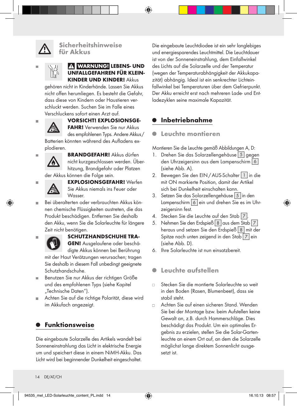 Sicherheitshinweise für akkus, Funktionsweise, Inbetriebnahme | Leuchte montieren, Leuchte aufstellen | Melinera Z31826A/Z31826B/Z31826C/Z31826D User Manual | Page 14 / 17