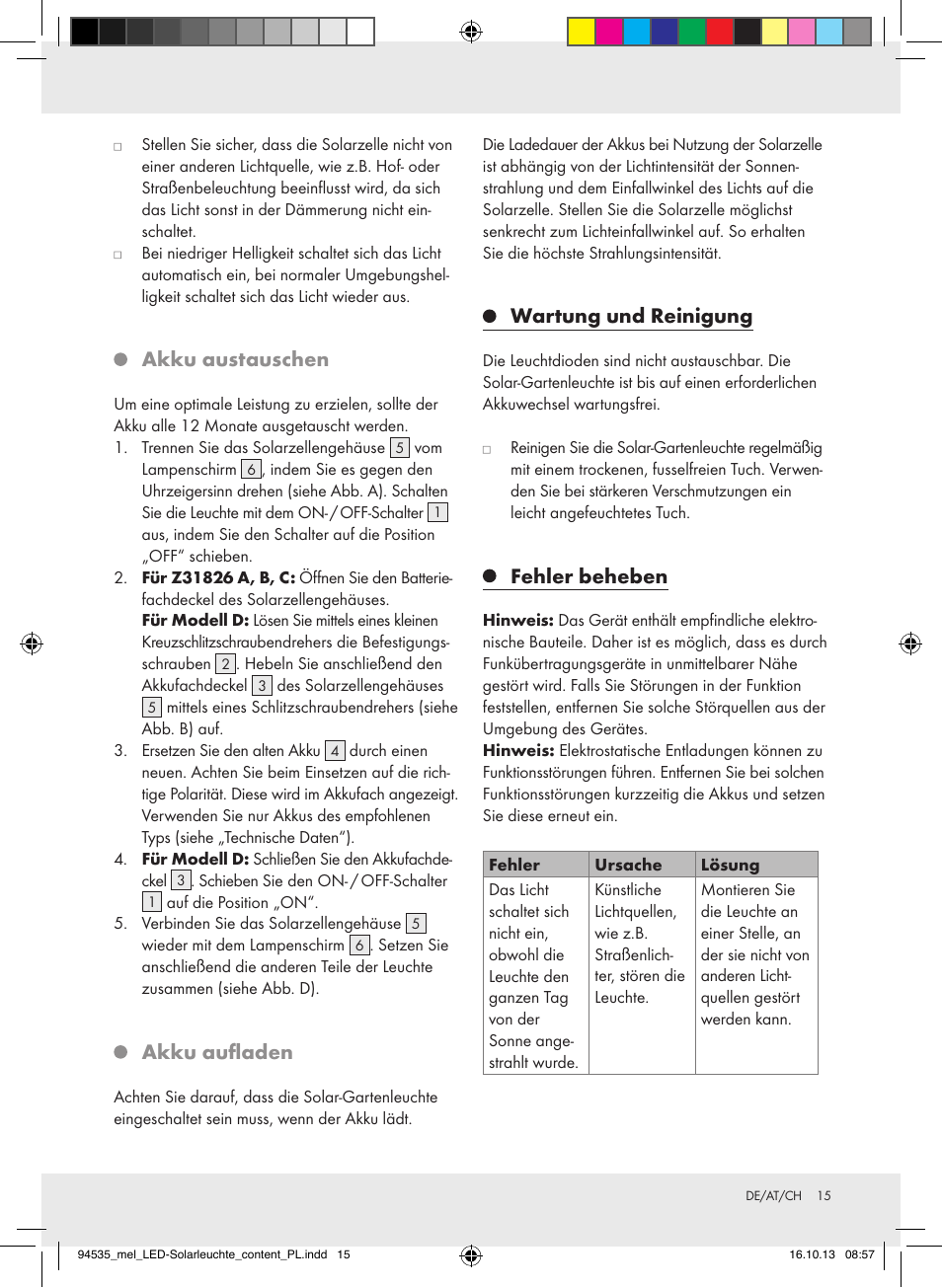 Akku austauschen, Akku aufladen, Wartung und reinigung | Fehler beheben | Melinera Z31826A/Z31826B/Z31826C/Z31826D User Manual | Page 15 / 17