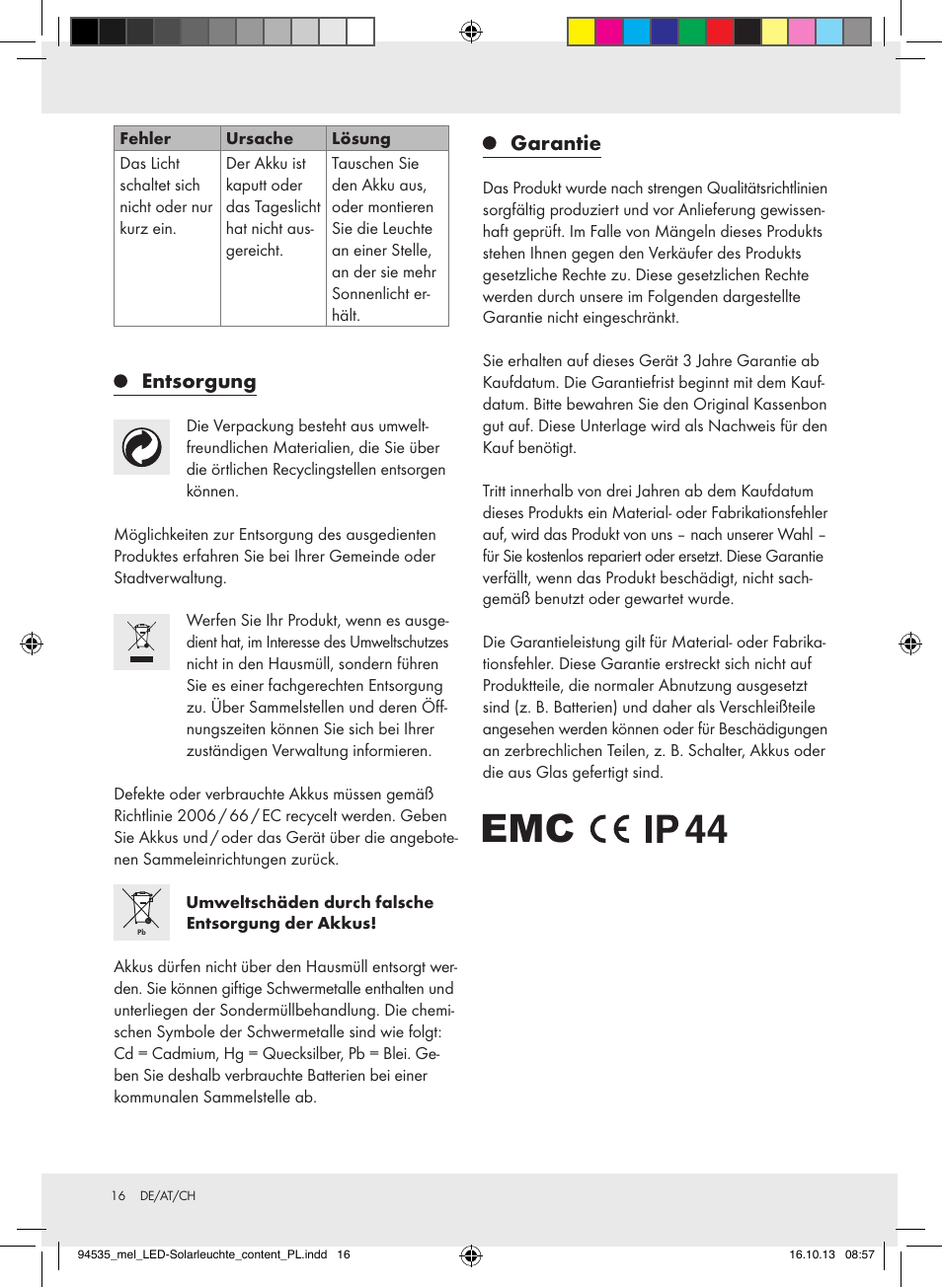 Entsorgung, Garantie | Melinera Z31826A/Z31826B/Z31826C/Z31826D User Manual | Page 16 / 17