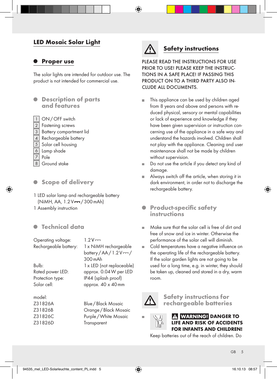 Led mosaic solar light, Proper use, Description of parts and features | Scope of delivery, Technical data, Safety instructions, Product-specific safety instructions, Safety instructions for rechargeable batteries | Melinera Z31826A/Z31826B/Z31826C/Z31826D User Manual | Page 5 / 17
