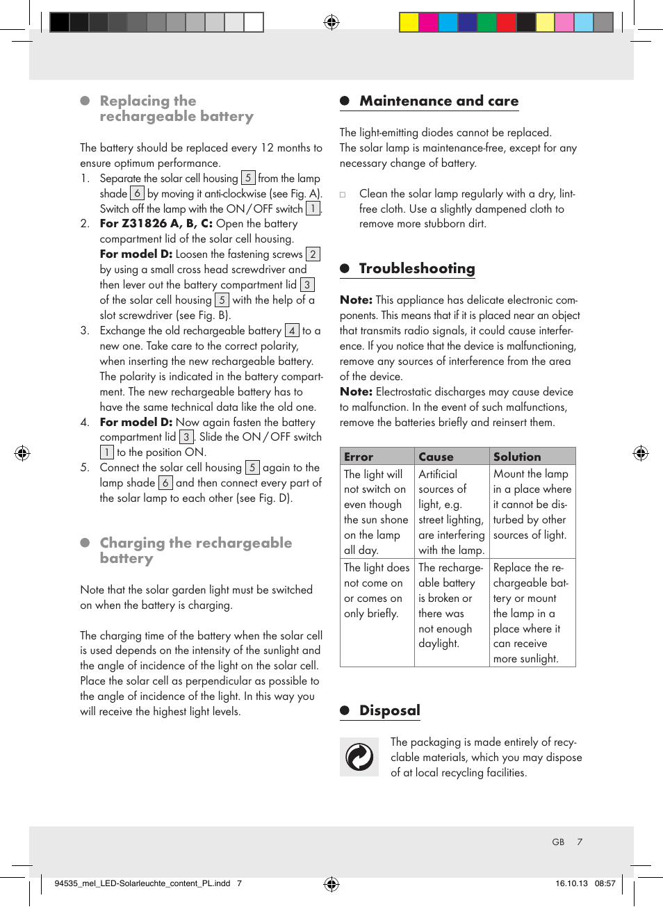 Replacing the rechargeable battery, Charging the rechargeable battery, Maintenance and care | Troubleshooting, Disposal | Melinera Z31826A/Z31826B/Z31826C/Z31826D User Manual | Page 7 / 17