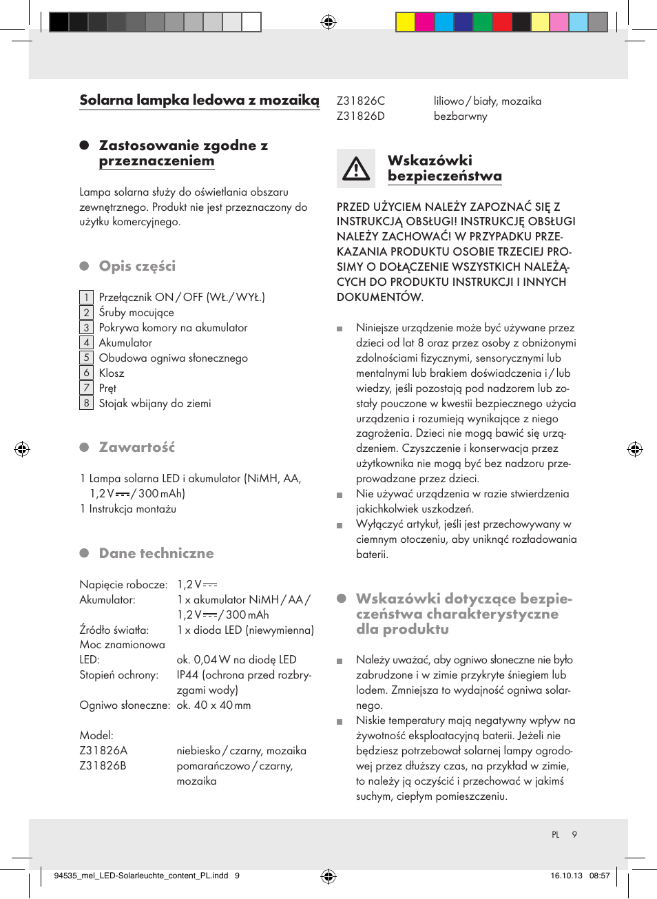 Solarna lampka ledowa z mozaiką, Zastosowanie zgodne z przeznaczeniem, Opis części | Zawartość, Dane techniczne, Wskazówki bezpieczeństwa | Melinera Z31826A/Z31826B/Z31826C/Z31826D User Manual | Page 9 / 17